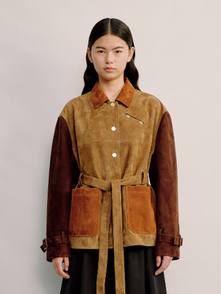 EARTH contrast patch suede jacket