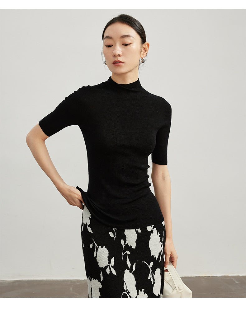 SEAMLESS pure wool short-sleeved knitted pullover