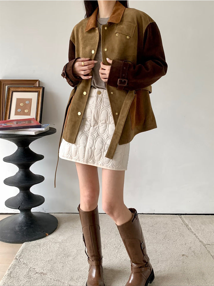 EARTH contrast patch suede jacket