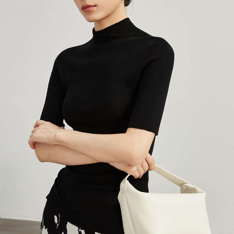 SEAMLESS pure wool short-sleeved knitted pullover