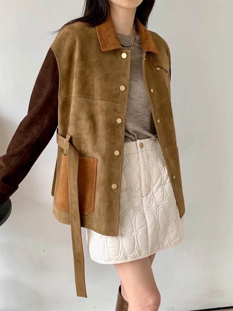 EARTH contrast patch suede jacket