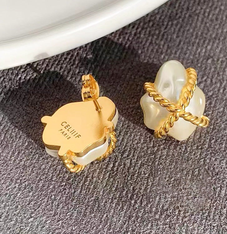 CELI twist braided baroque pearl stud earrings